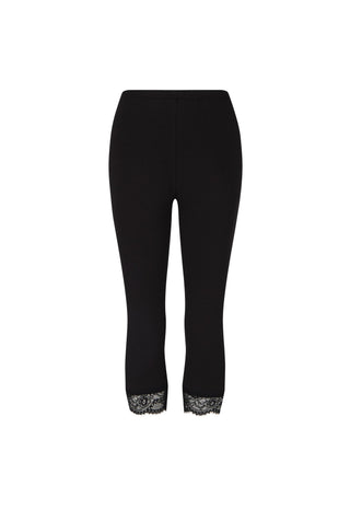 Black cropped leggings with a delicate black and white lace trim at the hem, shown against a plain white background.