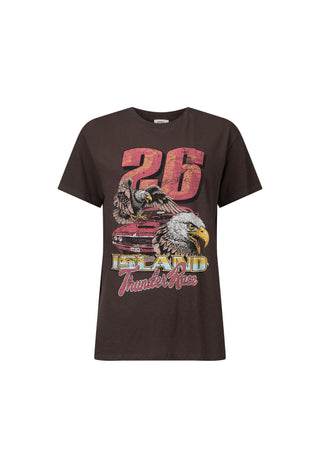 a-dark-brown-short-sleeve-graphic-t-shirt-featuring-a-distressed-red-26-and-an-eagle-design-with-the-text-island-thunder-racing-on-the-front-displayed-against-a-solid-white-background