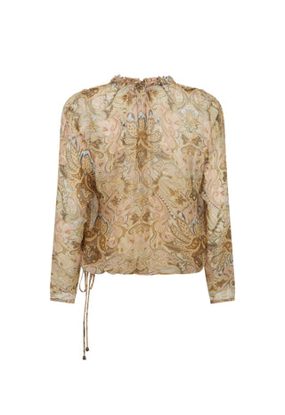 A long-sleeve blouse with a beige and brown paisley pattern, featuring a drawstring waist and a gathered high neck, shown against a plain white background.