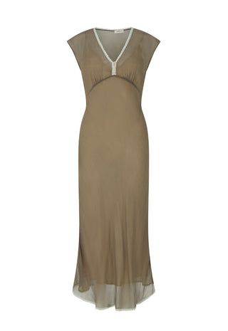 A sleeveless taupe-brown midi dress with a V-neckline and a thin white trim accent, shown against a plain white background.