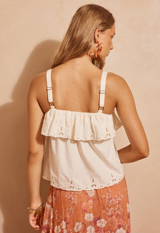 A woman shown from the back wearing a cream eyelet ruffled top with adjustable shoulder straps and a peach floral skirt against a warm beige wall.