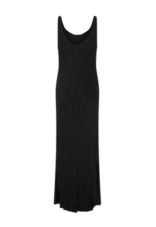 A black sleeveless slip dress with a wide scoop neckline, photographed flat against a solid white background.