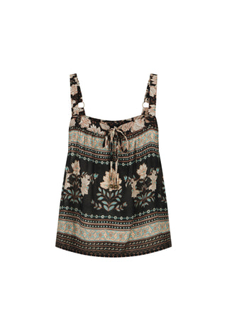 a-sleeveless-tie-front-top-with-a-black-base-and-a-beige-floral-and-geometric-pattern-shown-against-a-plain-white-background