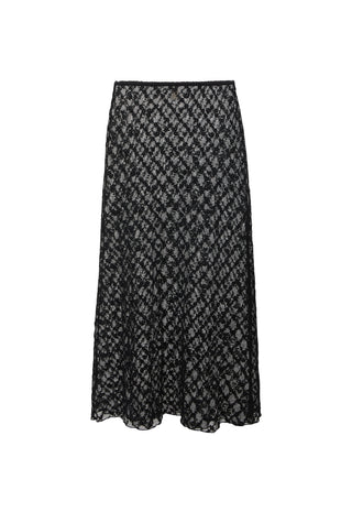 A black lace midi skirt with an intricate repeating floral pattern, displayed against a solid white background.