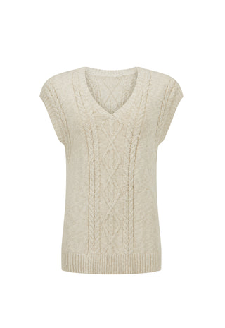 A cream-colored cable-knit sweater vest with a V-neckline and short cap sleeves, shown against a plain white background.