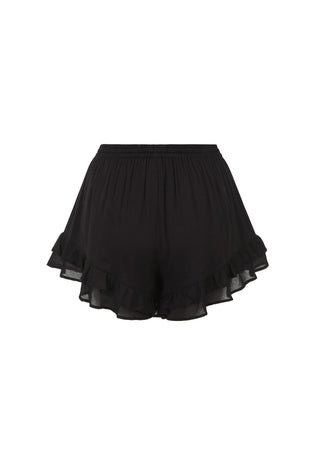 Black ruffled mini skirt with an elastic waistband, shown against a plain white background.
