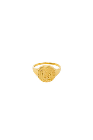 Front image of Spell’s Virgo Stargazer Zodiac Ring. The hand-crafted ring comes in 22k Gold Vermeil and features an embossed artwork of the zodiac sign.
