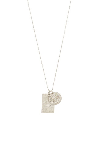Front view of Spell’s Aries Stargazer Zodiac Necklace. The double embossed pendant charm necklace comes in 0.925 Sterling Silver and hangs from a twisted rope chain.