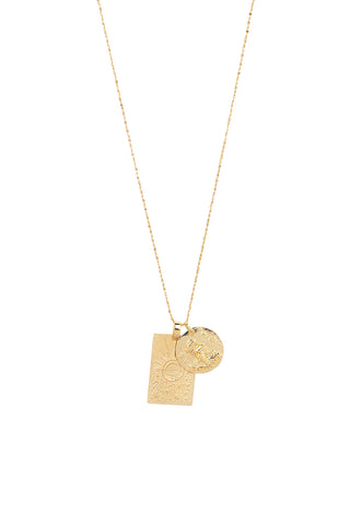 Front view of Spell’s Capricorn Stargazer Zodiac Necklace. The double embossed pendant charm necklace comes in 22k Gold Vermeil and hangs from a twisted rope chain.