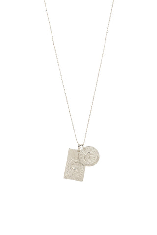 Front view of Spell’s Sagittarius Stargazer Zodiac Necklace. The double embossed pendant charm necklace comes in 0.925 Sterling Silver and hangs from a twisted rope chain.
