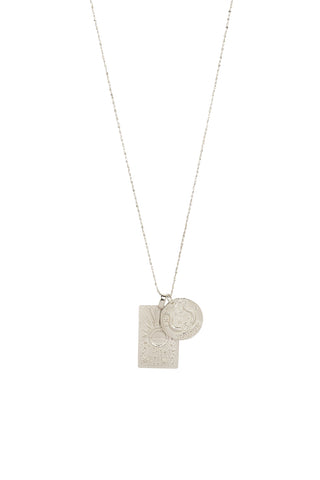 Front view of Spell’s Taurus Stargazer Zodiac Necklace. The double embossed pendant charm necklace comes in 0.925 Sterling Silver and hangs from a twisted rope chain.